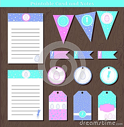 Vector Easter set tag, notes, garland, flag, stiker with bunnies and hearts. Vector illustration for Easter to do list and Vector Illustration