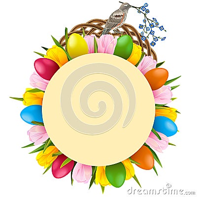 Vector Easter Tulips Round Frame with Birdie Vector Illustration