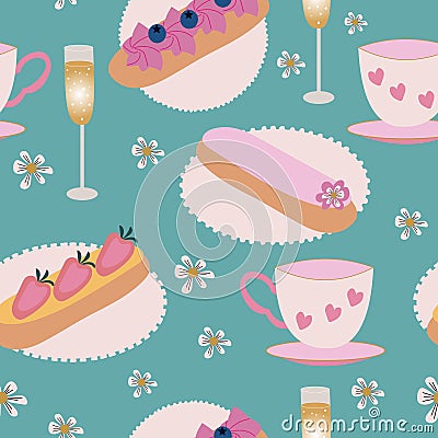 Vector of eclair pastry, champagne, and teacups on a green background. Seamless Pattern. Vector Illustration