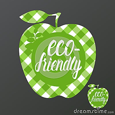 Vector Eco friendly inscription lettering sign on apple shape checkered Vector Illustration