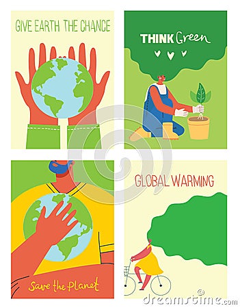Vector eco illustration cards for social poster, banner or card of saving the planet, human hands protect our earth. Vector Illustration