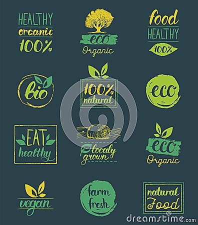 Vector eco,organic,bio logo cards templates. Handwritten healthy eat icons set. Vegan, natural food and drinks signs. Vector Illustration