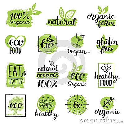 Vector eco, organic, bio logos or signs. Vegan,healthy food badges,tags set for cafe,restaurants,products packaging etc. Vector Illustration