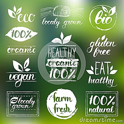 Vector eco, organic,bio logos. Vegan, natural food and drink signs. Farm market,store icons collection. Raw meal labels. Vector Illustration