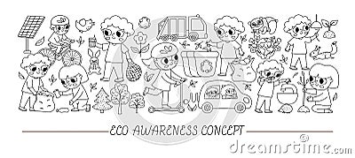 Vector ecological black and white horizontal set with cute children caring of nature. Earth day card template for banners, Vector Illustration