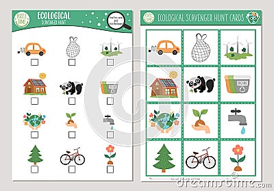 Vector ecological scavenger hunt cards set. Seek and find game with cute eco awareness symbols for kids. Earth day searching Vector Illustration