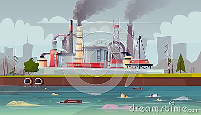 Vector ecology concept. Water pollution. Factory plant. Vector Illustration