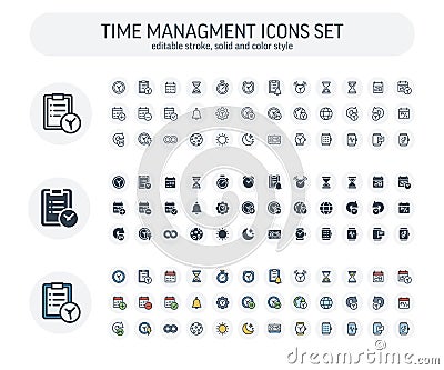 Vector Editable stroke, solid, color style icons set with date and time outline symbols. Vector Illustration