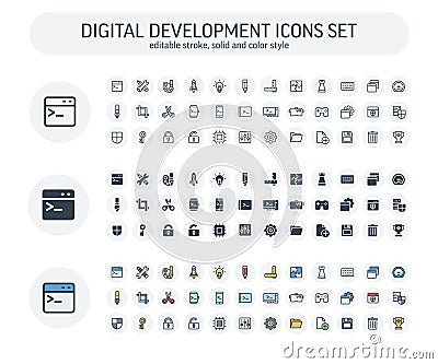 Vector Editable stroke, solid, color style icons set with digital development outline symbols Vector Illustration