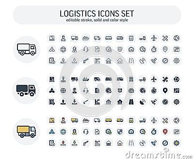 Vector Editable stroke, solid, color style icons set with Logistic, delivery business, distribution outline symbols. Vector Illustration
