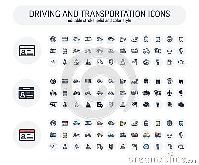 Vector Editable stroke, solid, color style icons set with transport, navigation outline symbols. Vector Illustration