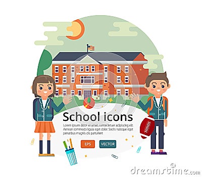 Vector education cover design. Illustration of primary or elementary, middle high school facade on sun landscape Vector Illustration