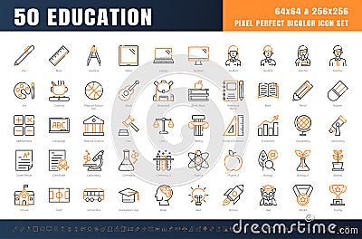 Vector of 50 Education and Subject. Bicolor Line Outline Icon Set. 64x64 and 256x256 Pixel Perfect Editable Stroke. Vector Vector Illustration