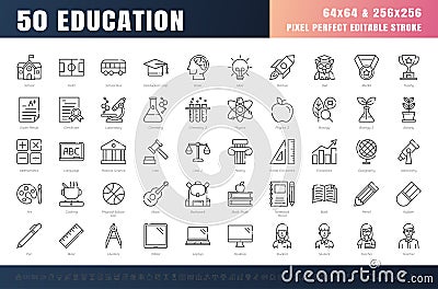 Vector of 50 Education and School Subject Line Outline Icon Set. 64x64 and 256x256 Pixel Perfect Editable Stroke. Vector Vector Illustration