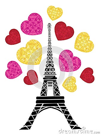 Vector Eifel Tower Paris Bursting With St Valentines Day Pink Red Golden Hearts Of Love. Perfect for travel themed Vector Illustration