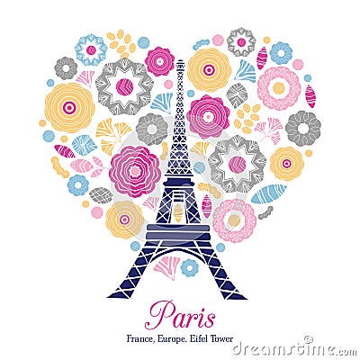 Vector Eifel Tower Paris Bursting With St Valentines Day Pink Red Golden Hearts Of Love. Vector Illustration