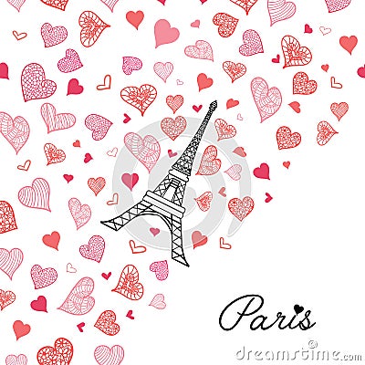 Vector Eifel Tower Paris Greeting Card Bursting With St Valentines Day Pink Red Hearts Of Love. Perfect for travel Vector Illustration