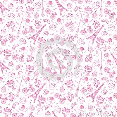 Vector Eifel Tower Paris Love Pink Purple Drawing Seamless Pattern with romantic hearts. Perfect for travel themed Vector Illustration