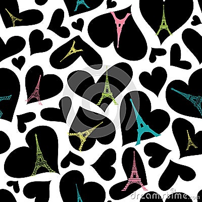 Vector Eifel Tower Paris Seamless Repeat Pattern Bursting With St Valentines Day Black Hearts Of Love. Perfect for Vector Illustration