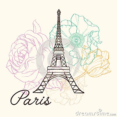 Vector Eifel Tower Paris In Vintage Style With Beautiful, Romantic Pastel Flowers. Perfect for travel themed postcards Vector Illustration