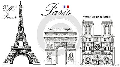 Vector Eiffel Tower, Triumphal Arch and Notre Dame Cathedral Vector Illustration