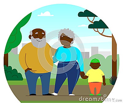 Vector elderly African American couple, family; dark-skinned grandfather with a little grandson are walking in the park. Happy Vector Illustration