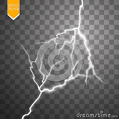 Vector electric lightning bolt. Energy effect. Bright light flare and sparks on transparent background. Vector Illustration