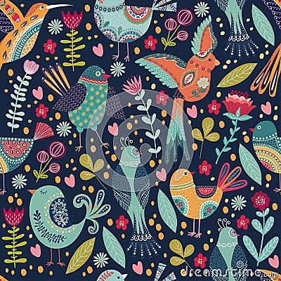 Vector elegant childish seamless pattern with cute beautiful birds and flowers. Folk background in cute cartoon style. Vector Illustration