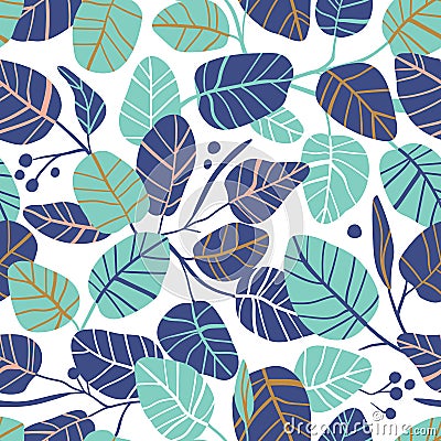 Vector elegant seamless pattern with foliage. Wedding endless background. Leaves in pink and blue colors. Vector Illustration