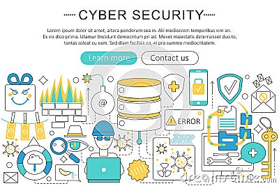 Vector elegant thin flat line Cyber security concept. Website header banner elements layout. Vector Illustration