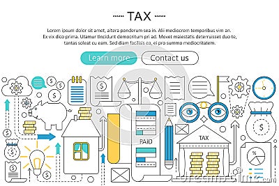 Vector elegant thin flat line tax taxes concept. Web header tax taxes banner elements layout. Presentation, flyer and Vector Illustration