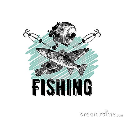 Vector elegant vintage retro Fishing hand drawn illustration isolated on white background Vector Illustration