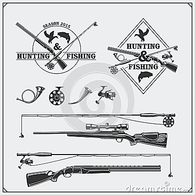 Vector elements for vintage hunting and fishing club. Labels, emblems and design elements. Guns, rods and hunting horns. Vector Illustration