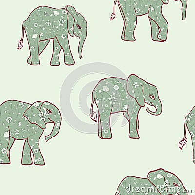 Vector Elephants witn Floral Pattern on Green seamless pattern background. Vector Illustration