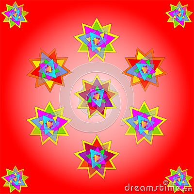 Vector eleven multicolored stars on red background; illustration Vector Illustration