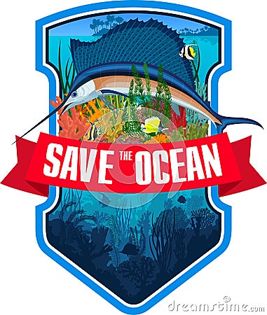 Vector emblem with coral reef, swordfish Atlantic sailfish and colorful tropical fish Vector Illustration
