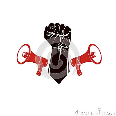 Vector emblem created with fist of strong man and loudhailers equipment. People demonstration, fighting for their rights and free Vector Illustration