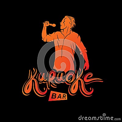 Vector emblem of exited man singing, soloist holds a microphone in hand. Karaoke bar. Vector Illustration