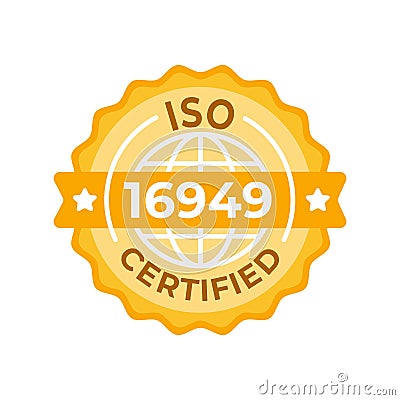 Vector emblem for ISO 16949 Certified quality management in the automotive sector, featuring a golden seal and global Vector Illustration