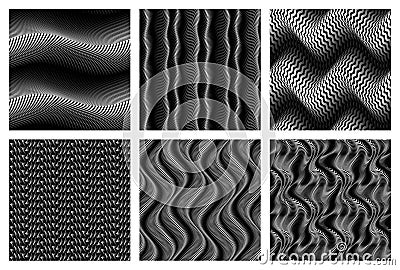 Vector embossed seamless patterns set. Optical art monochrome fabric swatches design Vector Illustration