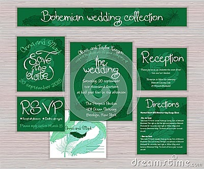 Vector emerald printable wedding typography set of cards Vector Illustration