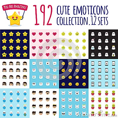 Vector emoji big set. Funny cartoon emoticons. Cute stickers Vector Illustration