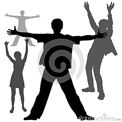 Vector emotional silhouettes of people. Boy, man and girl are standing with their hands up. Happy guy stands arms to the sides, Vector Illustration