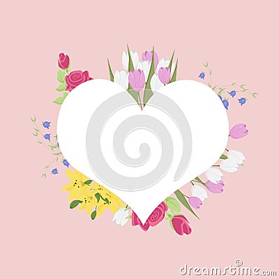 Vector empty white heart with flowers on pink background. copy space Vector Illustration