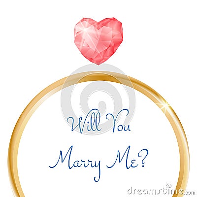 Vector engagement card. Will you marry me ring with heart shaped diamond Vector Illustration