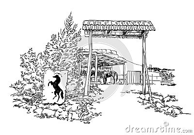 Vector engraved sketch style illustration of a horse stable with the silhouette of a horse inside the barn Vector Illustration