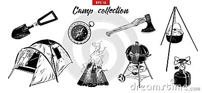 Hand drawn sketch set of camping elements isolated on white background. Vector Illustration