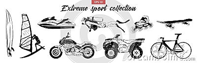 Hand drawn engraved sketch set of extreme sports isolated on white background. Vector Illustration