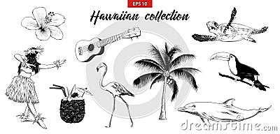 Vector engraved style illustration for logo, emblem, label or poster. Hand drawn sketch set of Hawaiian girl, ukulele guitar, etc Vector Illustration