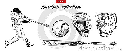 Hand drawn sketch set of baseball player, helmet, glove, ball and bat isolated on white background. Detailed vintage etching drawi Vector Illustration